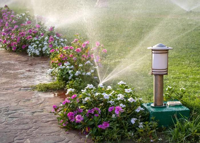 commercial sprinklers watering flowers along a walkway and a lawn