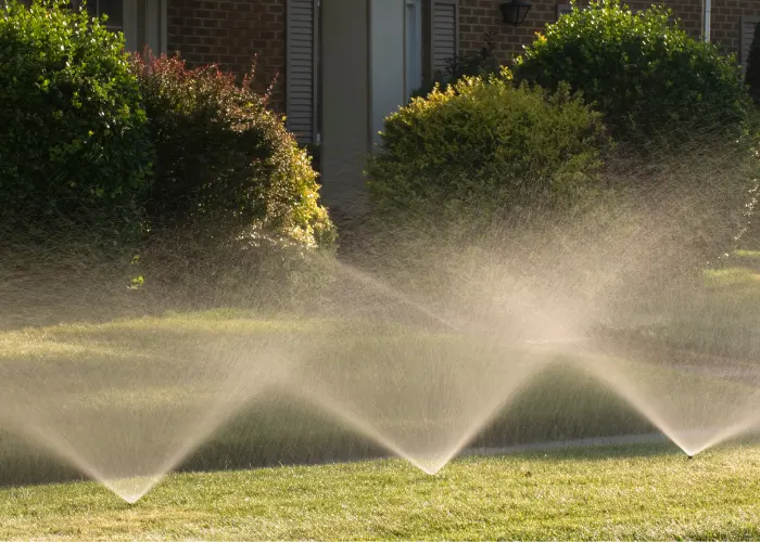Three sprinklers spraying water in front of bushes and a house